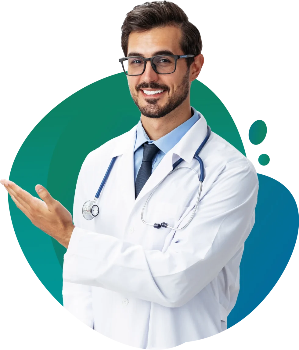 Health care professional presenting with an open hand